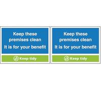 V Safety Keep These Premises Clean, It Is For Your Benefit, Keep Tidy 200 x 150 mm - Self Adhesive Vinyl Safety Sign (Pack of 2)