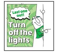 V Safety Last One Out! Turn Off The Lights Man Right 100 x 100 mm - Glow In The Dark Self Adhesive Vinyl Safety Sign