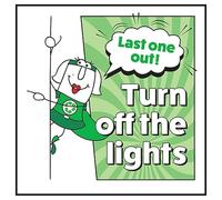 V Safety Last One Out! Turn Off The Lights Woman Left 100 x 100 mm - Glow In The Dark Self Adhesive Vinyl Safety Sign