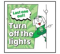 V Safety Last One Out! Turn Off The Lights Woman Right 100 x 100 mm - Glow In The Dark Self Adhesive Vinyl Safety Sign