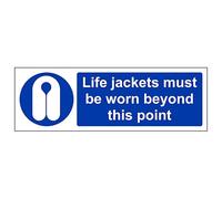 V Safety Life Jackets Must Be Worn Beyond This Point 300 x 100 mm - 2mm Super-Tough Rigid Plastic Safety Sign