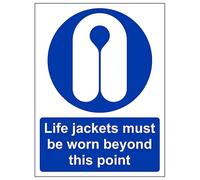 V Safety Life Jackets Must Be Worn Beyond This Point - Portrait 150 x 200 mm - Self Adhesive Vinyl - Aluminium Effect Safety Sign
