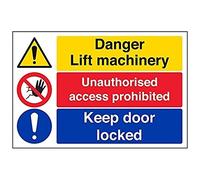 V Safety Lift Machinery/Unauthorised Access/Keep Door Locked Sign - 300mm x 200mm - Self Adhesive Vinyl
