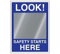 V Safety Look! Safety Starts Here 300 x 400 mm - Mirrored 2mm Rigid Plastic Safety Sign