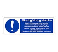 V Safety Mincing and Mixing Machine - Landscape 300 x 100 mm - 2mm Rigid Plastic Safety Sign
