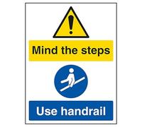 V Safety Mind The Steps/Use Handrail 150 x 200 mm - 2mm Super-Tough Rigid Plastic Safety Sign