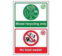 V Safety Mixed Recycling Only/No Food Waste! 300 x 400 mm - Glow In The Dark 1mm Rigid Plastic Safety Sign