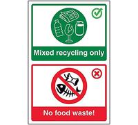 V Safety Mixed Recycling Only/No Food Waste! - 400x600mm 2mm Rigid Plastic Safety Sign