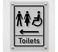 V Safety Mixed Toilets Arrow Left Acrylic Sign - 150x200mm - Durable, Shatterproof Signage for Shared Facilities