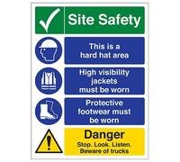 V Safety Multi Hazard Site Safety Stop. Look. Listen. Warning Sign - 300mm x 400mm - 2mm Rigid Plastic