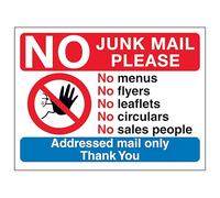V Safety No Access Symbol: No Junk Mail Please, No Menus... 150 x 100 mm - Glow In The Dark 1mm Rigid Plastic Safety Sign