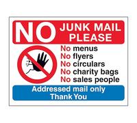 V Safety No Access Symbol: No Junk Mail Please, No Menus, No... 150 x 100 mm - 3mm Aluminium Composite Safety Sign