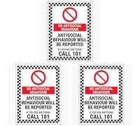 V Safety No Antisocial Behaviour/Antisocial Behaviour Will Be Reported/If You See Anything Call 101 200 x 300mm - 1mm Rigid Plastic Safety Sign (Pack of 3)