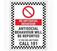 V Safety No Antisocial Behaviour/Antisocial Behaviour Will Be Reported/If You See Anything Call 101 150 x 200mm - 1mm Rigid Plastic Safety Sign