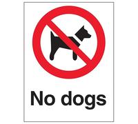 V Safety No Dogs - White Background 150 x 200 mm - 2mm Super-Tough Rigid Plastic Safety Sign
