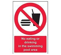 V Safety No Eating Or Drinking In The Swimming Pool Area Prohibition Sign - 200mm x 300mm - Self Adhesive Vinyl