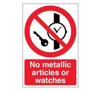 V Safety No Metallic Articles Or Watches Sign - 150 x 200 mm - Made From Brushed Aluminium Composite - Prohibition Signage - Made in Britain