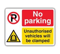 V Safety No Parking Vehicles Will Be Clamped - Dual Symbol - Landscape Safety Sign - 400 x 300 mm - RA2 Reflective 3mm Aluminium Composite