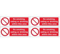 V Safety No Smoking, Eating Or Drinking - Landscape 300 x 100 mm - 2mm Rigid Plastic Safety Sign (Pack of 4)