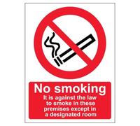 V Safety No Smoking Except In Designated Room - Portrait 150 x 200mm - 2mm Rigid Plastic Safety Sign