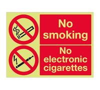V Safety No Smoking No Electronic Cigarettes 400 x 300 mm - Glow In The Dark 1mm Rigid Plastic Safety Sign