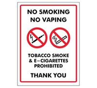 V Safety No Smoking No Vaping Tobacco Smoke & E-Cigarettes Prohib... 150 x 200 mm - 2mm Super-Tough Rigid Plastic Safety Sign