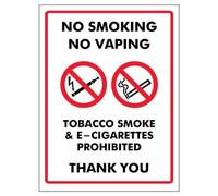 V Safety No Smoking No Vaping/Tobacco Smoke & E-Cigarettes Sign - 150mm x 200mm - Self Adhesive