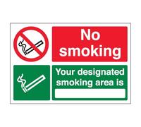 V Safety No Smoking/Your Designated Smoking Area Is 300 x 200 mm - 3mm Aluminium Composite Safety Sign