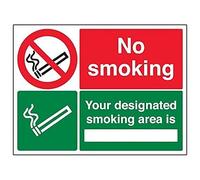 V Safety No Smoking/Your Designated Smoking Area Prohibition Sign - 400mm x 300mm - 1mm Rigid Plastic