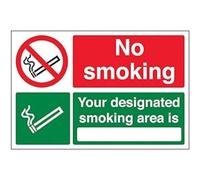 V Safety No Smoking/Your Designated Smoking Area Prohibition Sign - Landscape - 300 mm x 200 mm - 1 mm Rigid Plastic Safety Sign