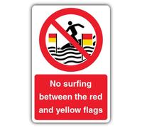V Safety No Surfing Between The Red And Yellow Flags Sign - 150 x 200 mm - 2mm Rigid Plastic - Prohibition Signage - Made in Britain