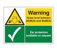 V Safety Noise Level Between 80dB and 85dB/Ear Protectors - Large Landscape 600 x 450 mm - Glow In The Dark Self Adhesive Vinyl Safety Sign