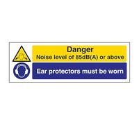 V Safety Noise Level of 85dB/Ear Protectors - Landscape 450 x 150 mm - Glow In The Dark Self Adhesive Vinyl Safety Sign