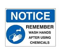 V Safety NOTICE - Remember Wash Hands After Using Chemicals 400 x 300 mm Safety Sign - Self Adhesive Vinyl