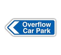 V Safety Overflow Car Park Arrow Left - Blue Landscape - Shaped Sign 300 x 100 mm - Self Adhesive Vinyl