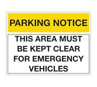 V Safety Parking Notice - This Area Must Be Kept Clear For Emergency Vehicles - Landscape 450 x 300 mm - 3mm Aluminium Composite Safety Sign