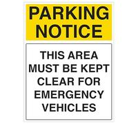 V Safety Parking Notice - This Area Must Be Kept Clear For Emergency Vehicles - Portrait 300 x 450 mm - 2mm Rigid Plastic Safety Sign