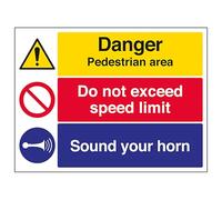 V Safety Pedestrian Area/Speed Limit/Sound Your Horn - Large Landscape 400 x 300 mm - 3mm Aluminium Composite Safety Sign