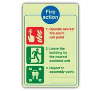 V Safety Photoluminescent 3 Point Fire Action Notice - Operate Nearest Fire Alarm Safety Sign - 150 x 225 mm - 1.2mm Rigid Plastic - Triple Glow