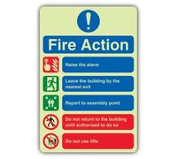 V Safety Photoluminescent 5 Point Fire Action Notice - Do Not Use Lifts Safety Sign - 150 x 225 mm - 1.2mm Rigid Plastic - Double Glow