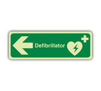 V Safety Photoluminescent Defibrillator Arrow Left - Landscape Safety Sign - 300 x 100 mm - Self Adhesive Vinyl - Double Glow