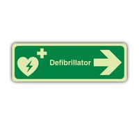 V Safety Photoluminescent Defibrillator Arrow Right - Slim Landscape Safety Sign - 300 x 100 mm - Self Adhesive Vinyl - Triple Glow