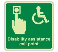 V Safety Photoluminescent Disability Assistance Call Point - Green - Square Safety Sign - 100 x 100 mm - 3mm Aluminium Composite - Triple Glow