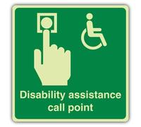 V Safety Photoluminescent Disability Assistance Call Point - Hand With Button & Wheelchair Safety Sign - 150 x 150 mm - 1.2mm Rigid Plastic - Triple Glow