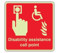 V Safety Photoluminescent Disability Assistance Call Point - Red Safety Sign - 150 x 150 mm - 1.2mm Rigid Plastic - Triple Glow