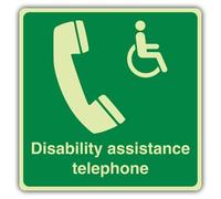 V Safety Photoluminescent Disability Assistance Telephone - Emergency Phone - Square Safety Sign - 100 x 100 mm - Self Adhesive Vinyl - Double Glow