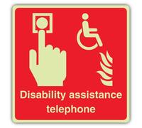 V Safety Photoluminescent Disability Assistance Telephone - Hand With Button & Wheelchair Safety Sign - 80 x 80 mm - 1.2mm Rigid Plastic - Triple Glow