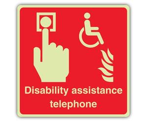 V Safety Photoluminescent Disability Assistance Telephone - Hand With Button & Wheelchair Safety Sign - 80 x 80 mm - Self Adhesive Vinyl - Double Glow