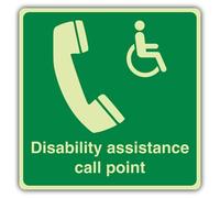 V Safety Photoluminescent Disability Assistance Telephone - Square Safety Sign - 150 x 150 mm - Self Adhesive Vinyl - Triple Glow