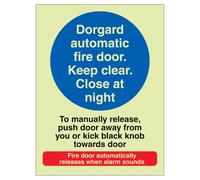 V Safety Photoluminescent Dorgard Automatic Fire Door - To Manually Release Push Door 100 x 150 mm - Glow In The Dark Self Adhesive Vinyl Safety Sign